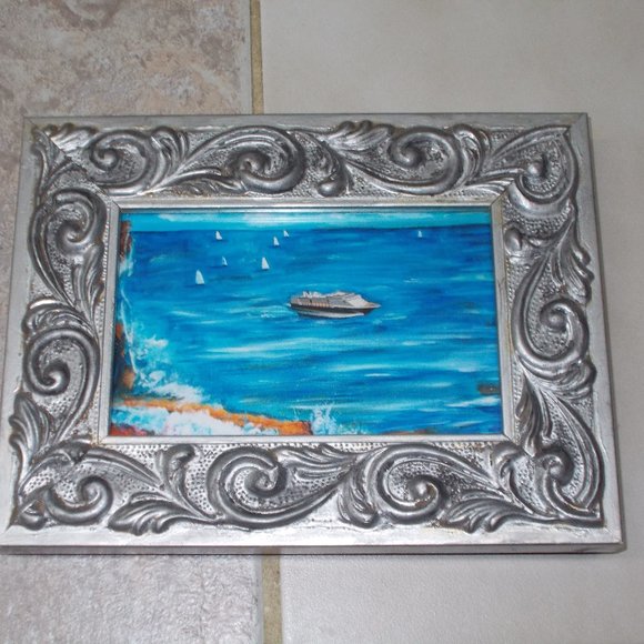 "Ships At Sea" 4"x6" print from original acrylic painting by Davila in frame - Picture 1 of 3